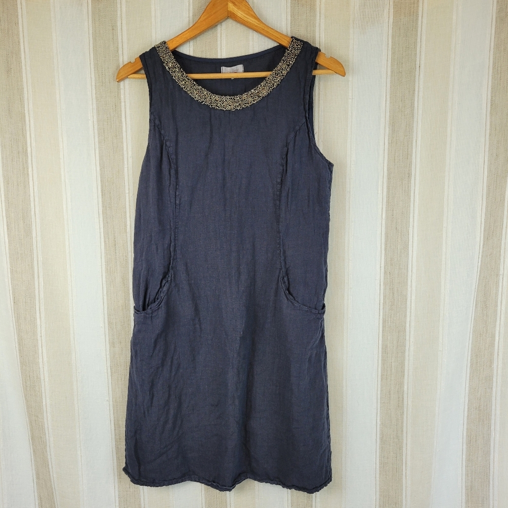 Lina Tomei Linen Shift Dress Lagenlook Navy‎ Blue Size Medium